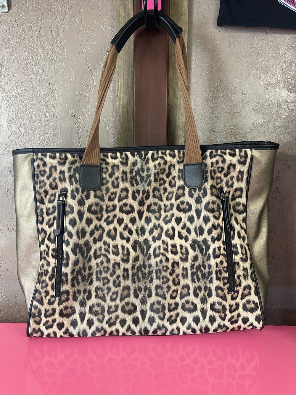 Cheetah Print Tote Bag with Metallic Side Panels - Brown